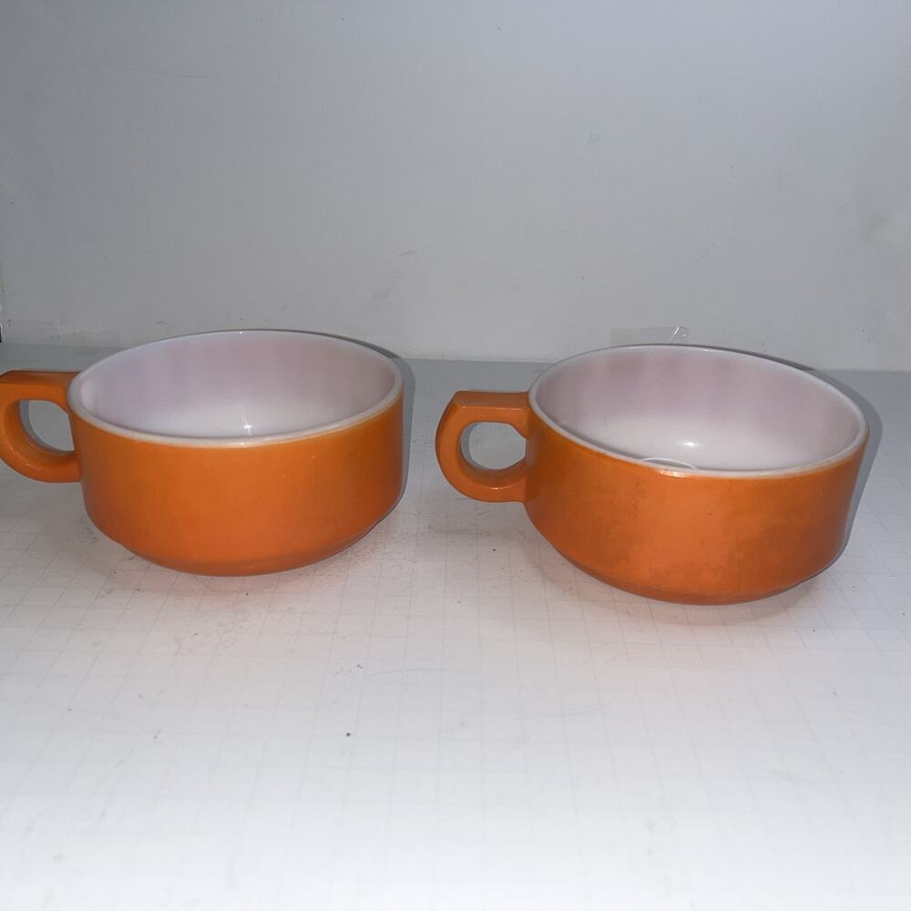 2 Vintage Anchor Hocking Fire King Stackable Soup Mugs Cups Bowls Mid Century